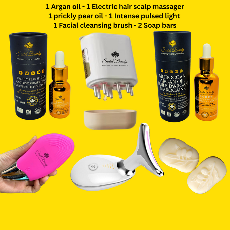 Coffret cadeau tout en un : 1 huile d'argan - 1 huile de figue de barbarie - 1 masseur électrique de cuir chevelu - 1 lumière pulsée intense - 1 brosse nettoyante visage - 2 savons