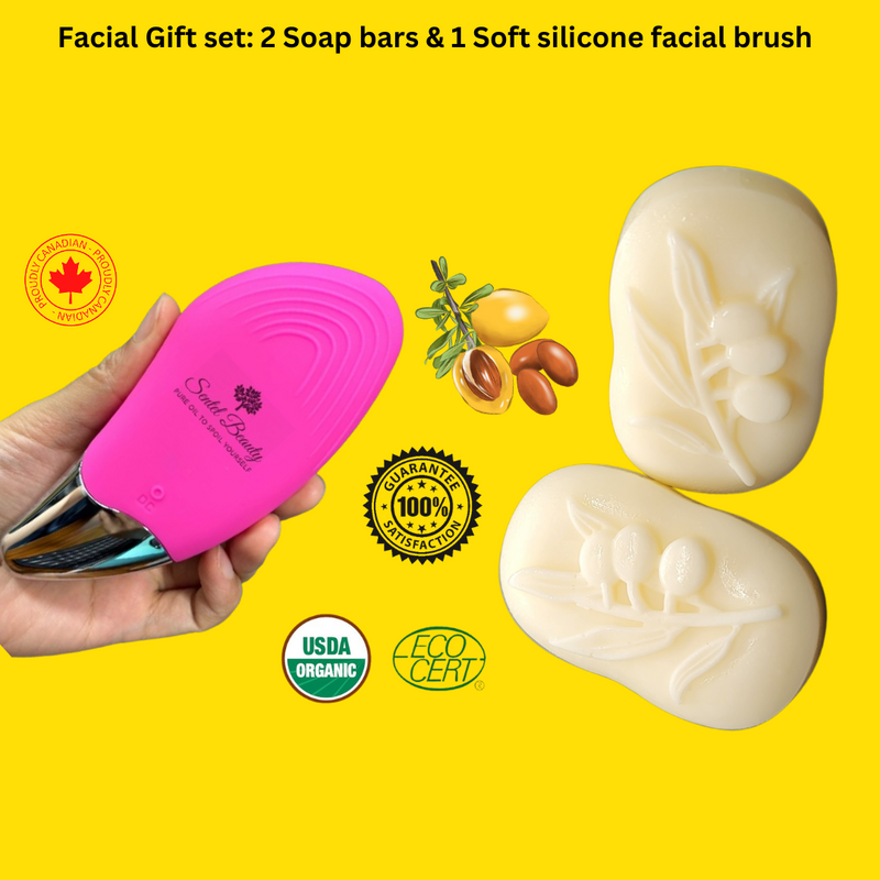 Coffret cadeau soin du visage : 2 savons et 1 brosse faciale en silicone souple