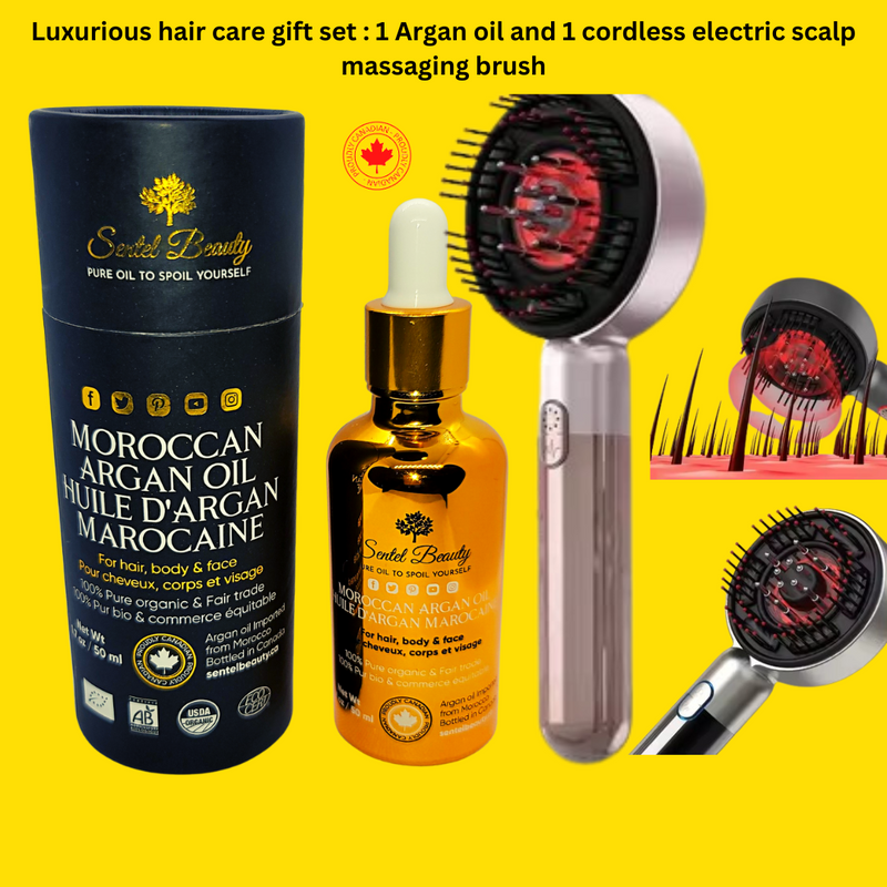 Coffret cadeau de soins capillaires luxueux : 1 huile d'argan et 1 brosse de massage électrique sans fil pour le cuir chevelu