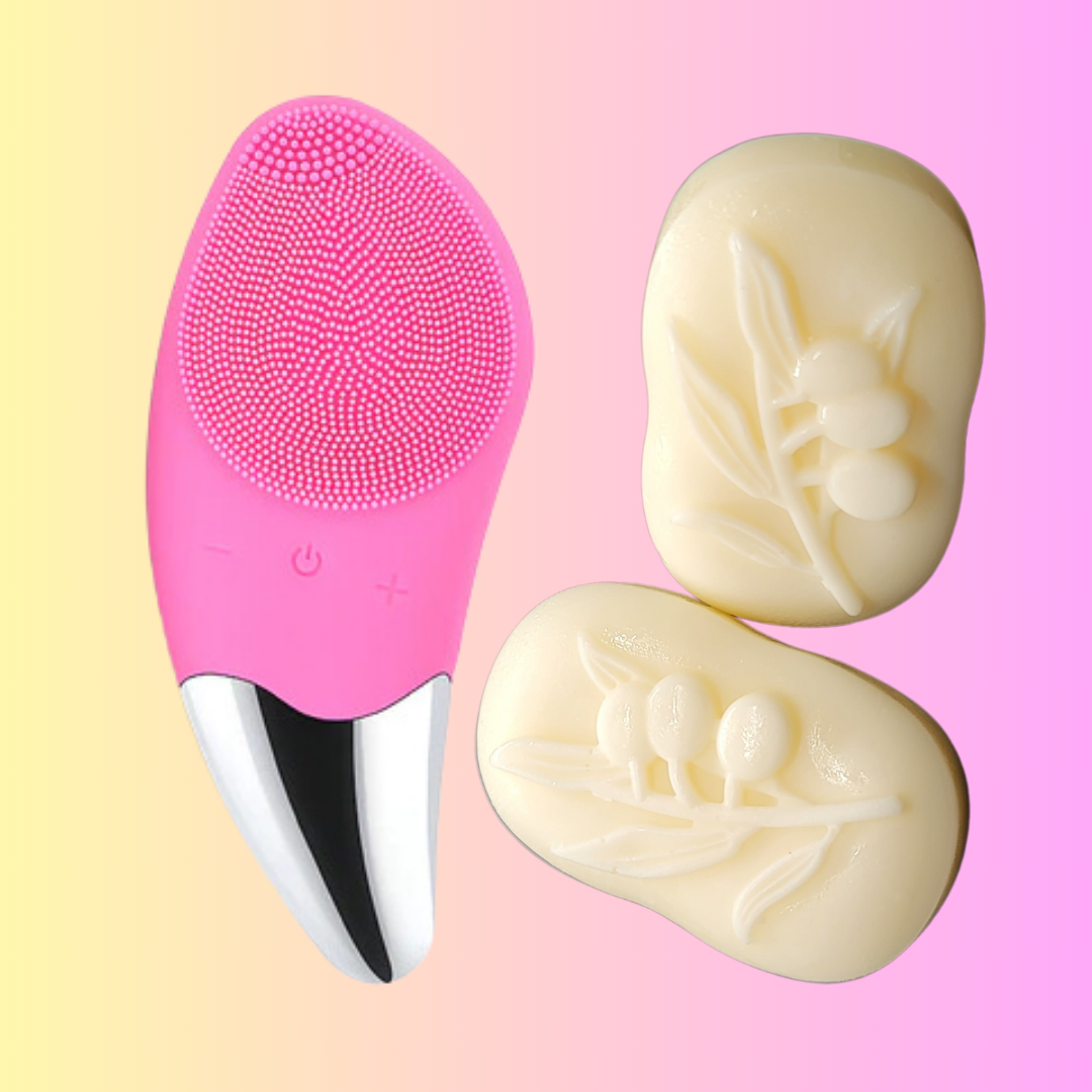 pink-silicone-face-brush-goat-milk-soap-gift-set